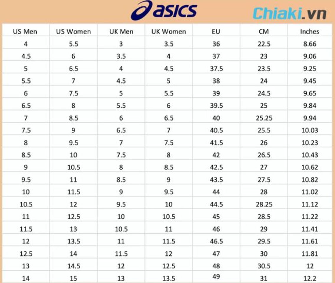 Bảng size giày asics