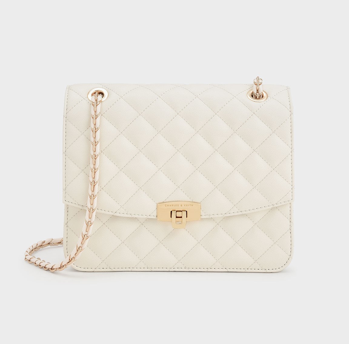 Túi Charles & Keith Quilted Push-Lock Clutch Bag - Cream