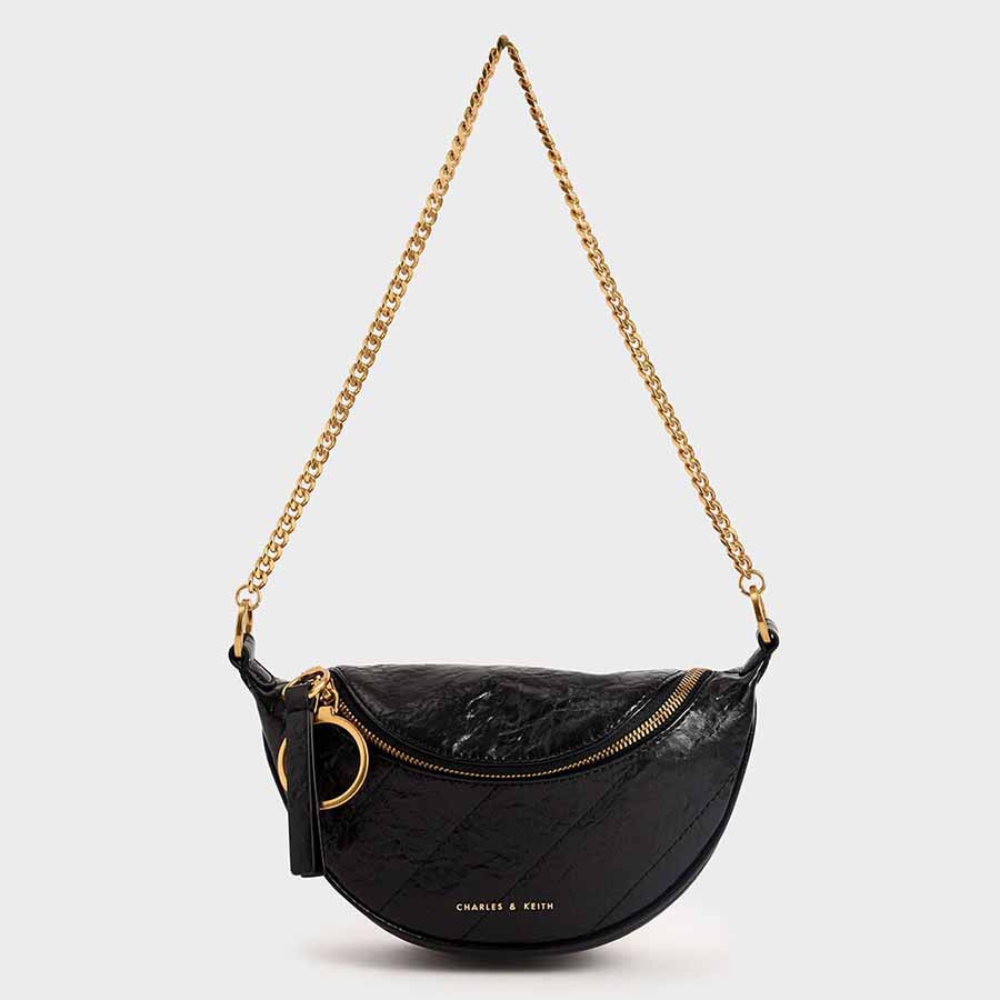 Charles & Keith - Women's Philomena Wrinkled-Effect Half-Moon Crossbody Bag, Black, S