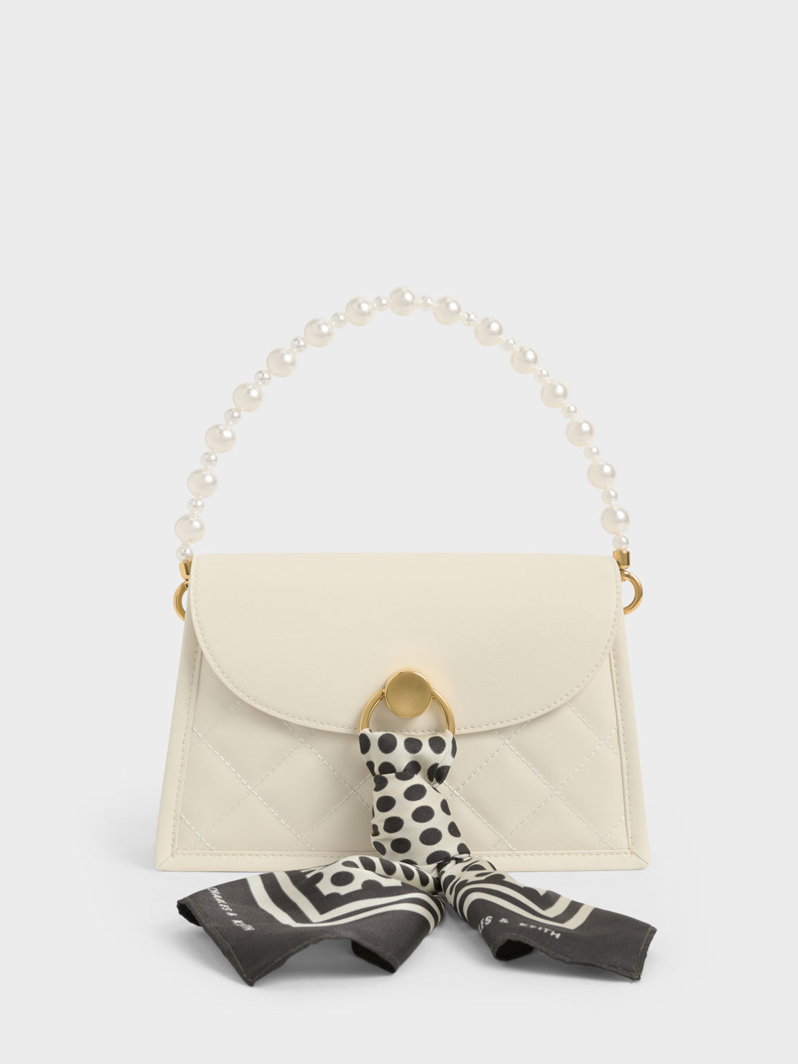 Charles & Keith Mini Roza Beaded Handle Scarf Bag in White