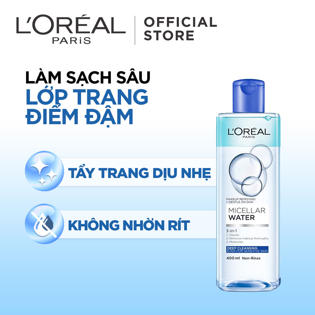 Nước Tẩy Trang L'Oreal Micellar Water 3-in-1 Deep Cleansing Even For Sensitive Skin Làm Sạch Sâu Trang Điểm