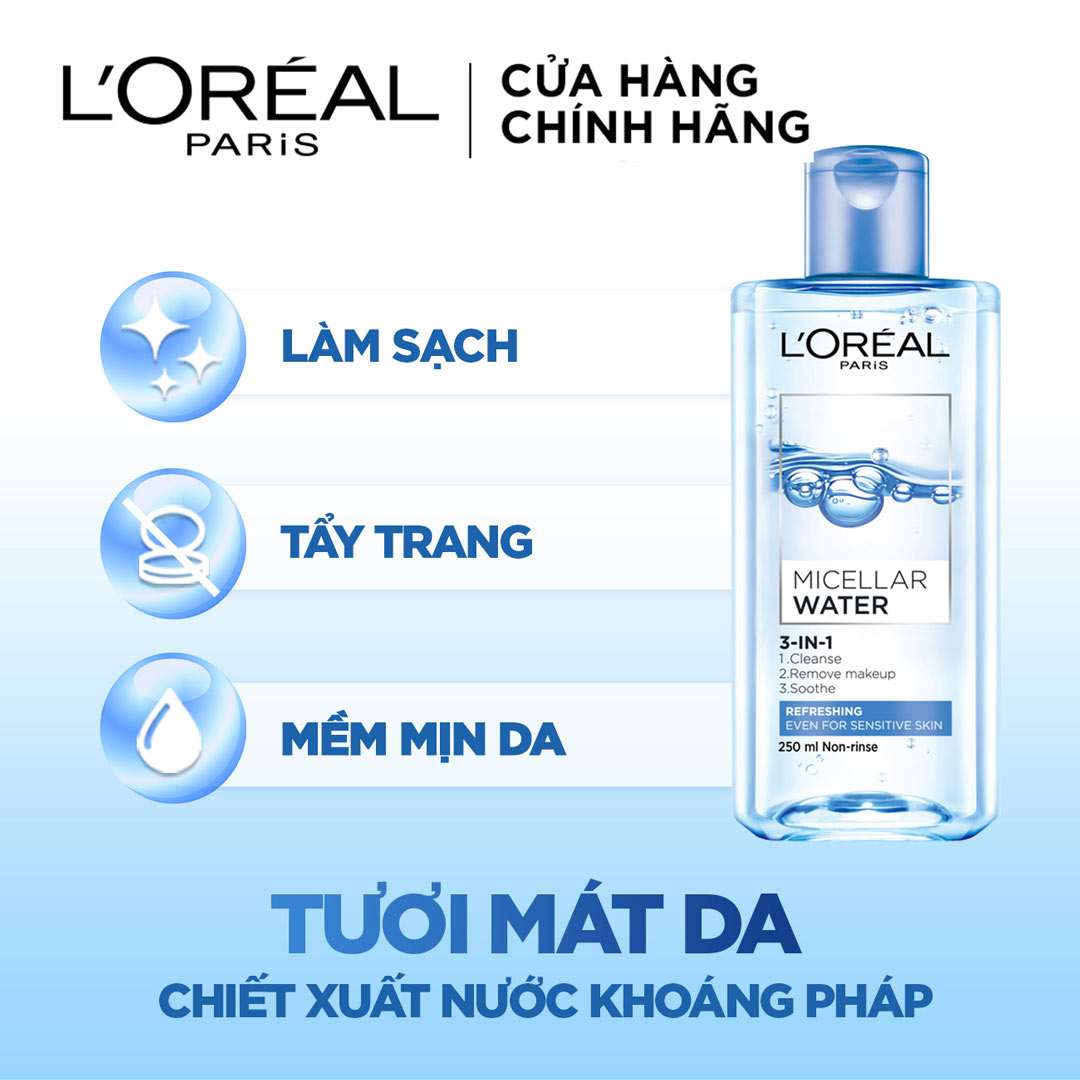 Nước Tẩy Trang L'Oreal Micellar Water 3-in-1 Refreshing Even For Sensitive Skin Tươi Mát Cho Da Dầu, Hỗn Hợp